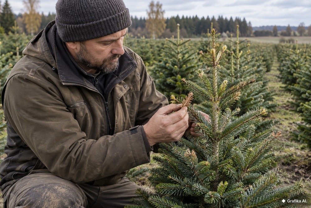 Plantator ogląda uszkodzone młode przyrosty jodły na plantacji choinek