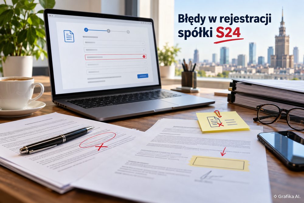 Dokumenty i formularz rejestracji spółki S24 z oznaczonymi błędami