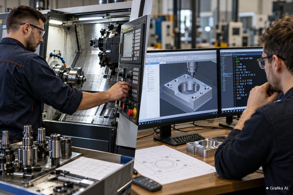 Operator przy obrabiarce i programista CNC przy komputerze – grafika AI